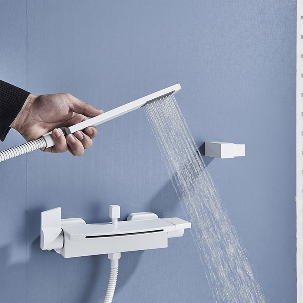 ry Rubinetto per vasca da bagno in ottone con cascata a cascata miscelatore doccia a parete doppia H include soffione doccia portatile e tubo da 150 cm per lavabo da bagno bianco h