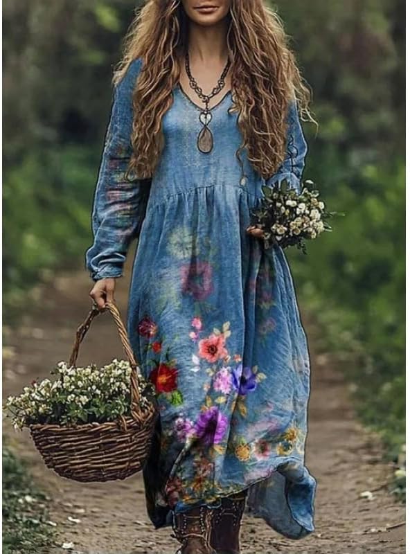 Women’s Boho Floral V-Neck Maxi Dress Long Sleeve Vintage Loose Fit Dress for St Patrick’s Day Casual Holiday Wear - Image 2