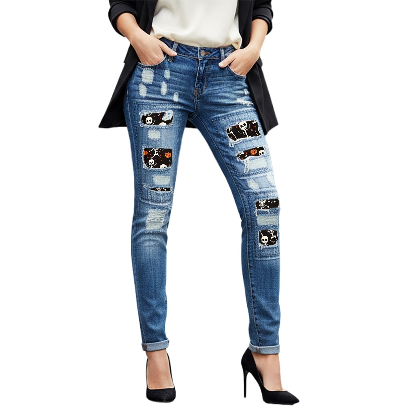Generico Jeans Skinny Strappati di Halloween in Denim Elasticizzato Boyfriend con Patchwork Scozzese per Donna