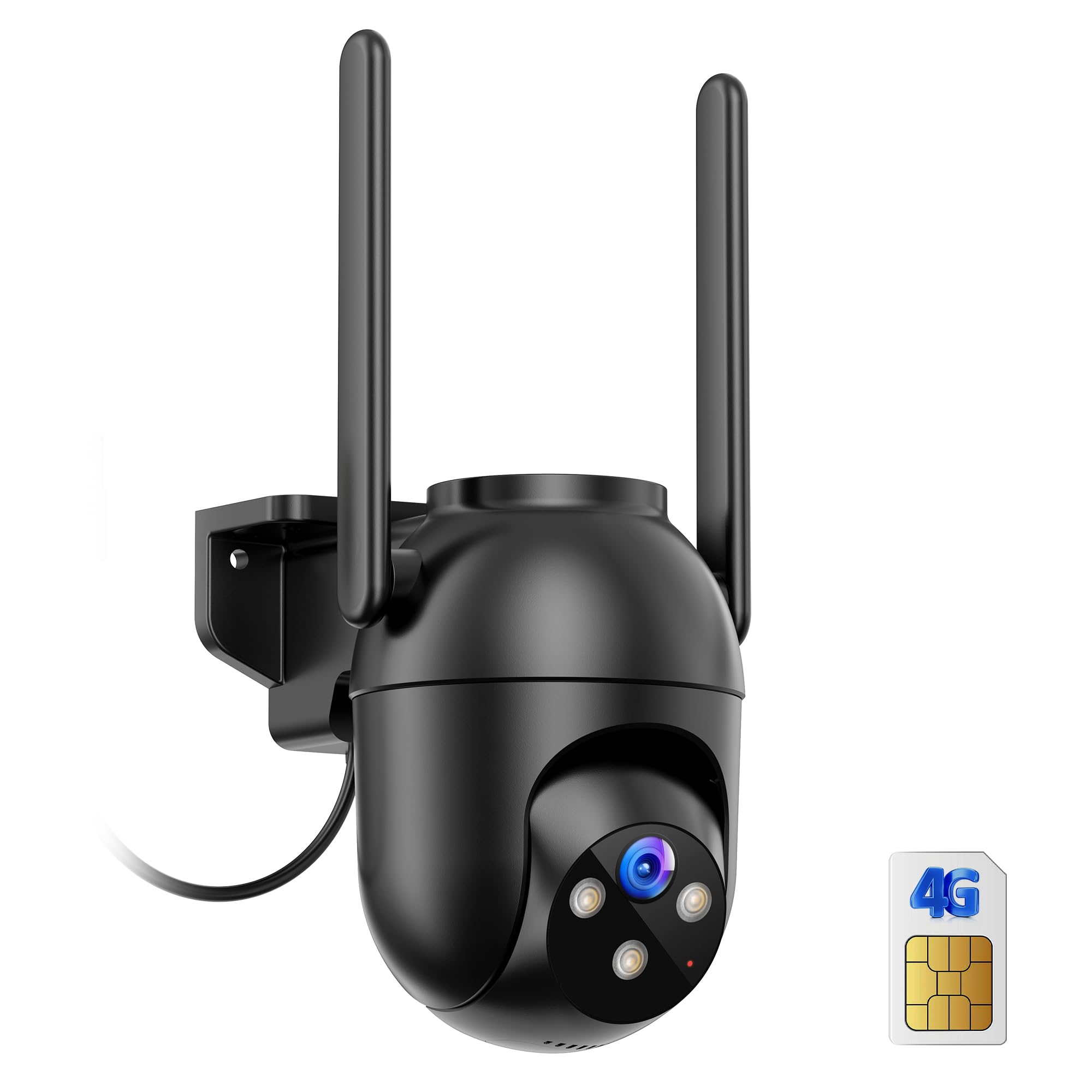 SIIOOE 4G LTE Outdoor Surveillance Camera with Sim: 2K HD Indoor Surveillance Camera - 360° PTZ Video Surveillance without Internet Color Night Vision Motion Detector IP66 Black - Cable