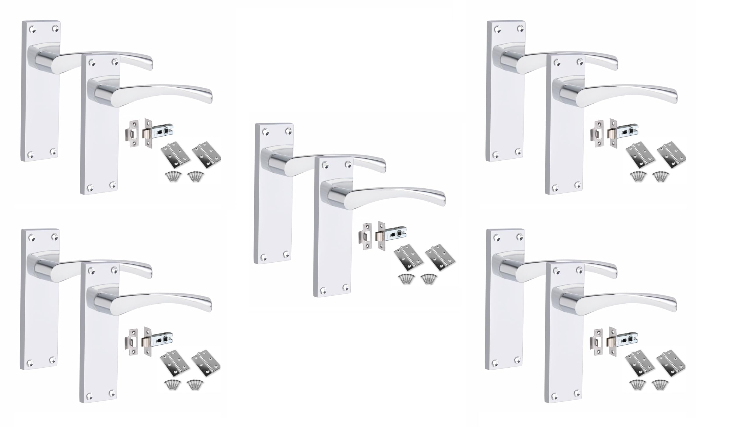 Golden Grace Victorian Scroll Astrid Handle Latch Door Handles Polished Chrome with 1 Pair of 3" Standard Butt Hinges & Latches Pack, 5 Sets - 150mm x 40mm Backplate