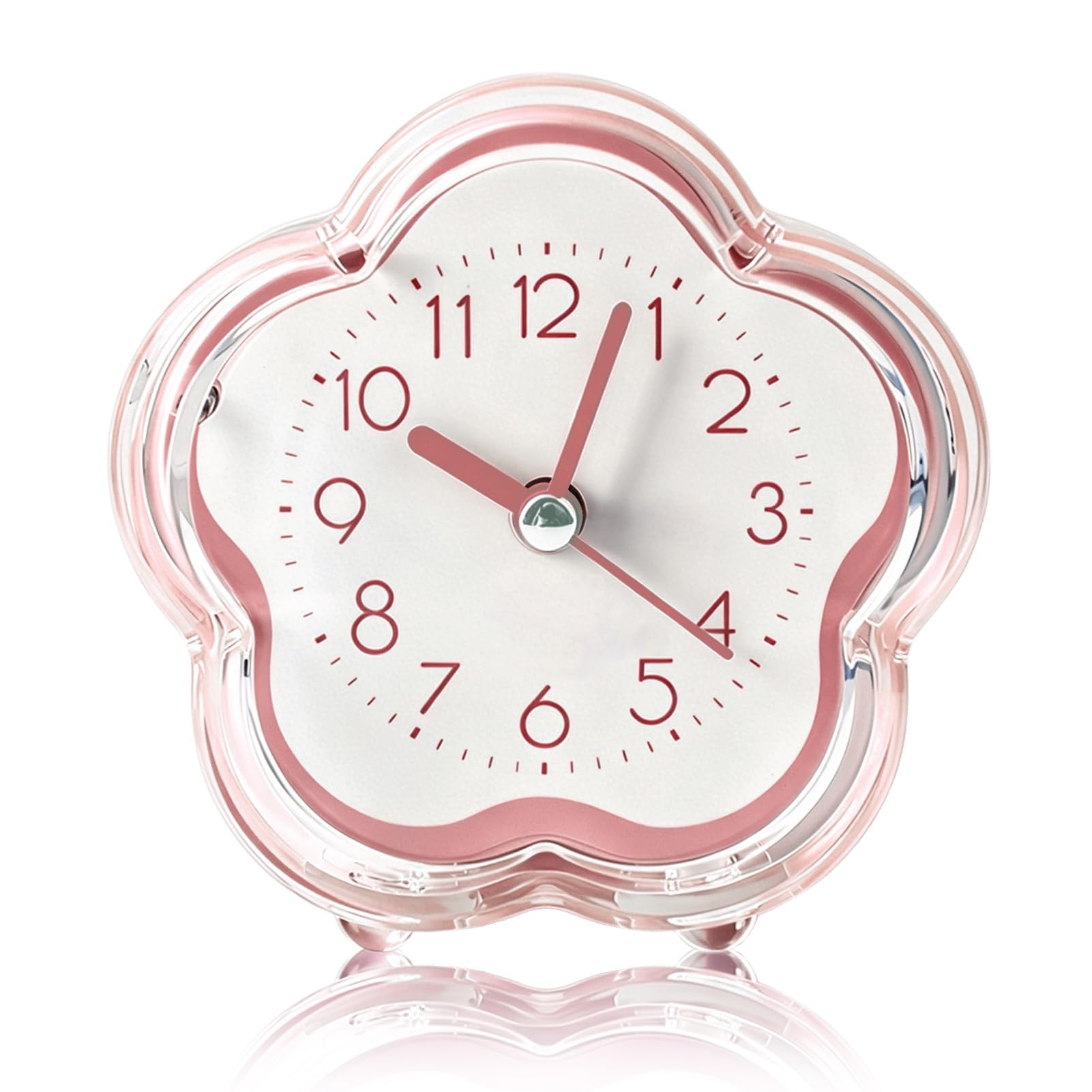 Kukyller Super Silent Non Ticking Small Clock, Cute Alarm Clock Flower Shape Quiet Low Noise Transparent Small Alarm for Living Room Bedroom Bedside Desktop (pink)