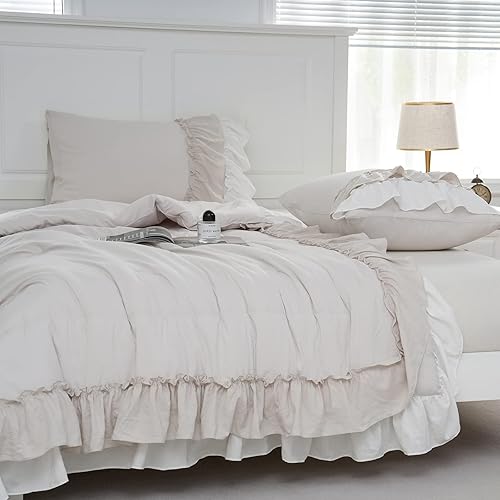 Miniatura 3 de Juego de edredón de 2 capas con volantes y estilo bohemio Comfrter King, color beige, estilo Shabby Chic para decoración del hogar, ropa de cama de