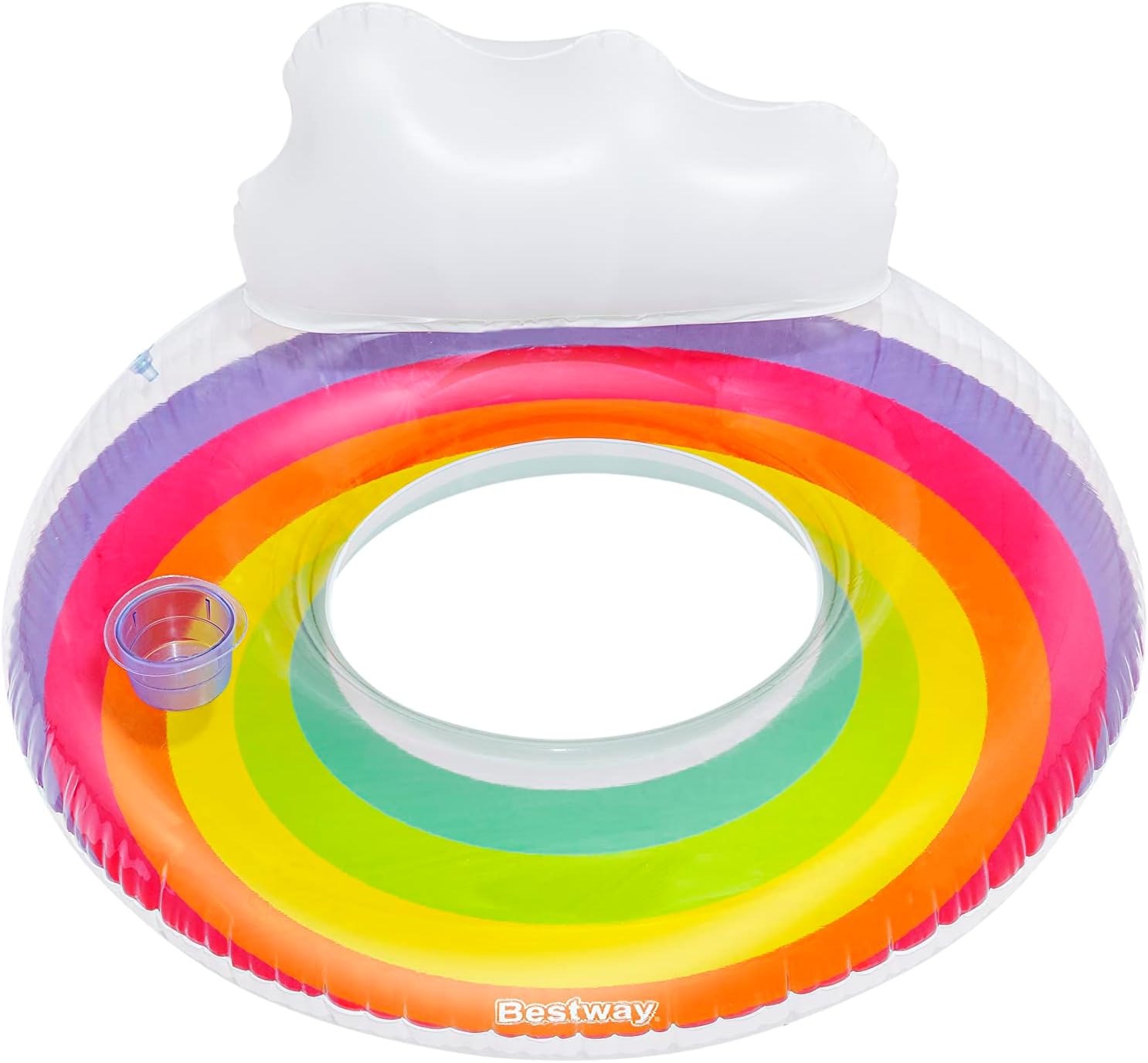 Bestway Large Swimming Ring | 42” Inflatable Pool Float with Headrest & Cup Holder, Rainbow Design