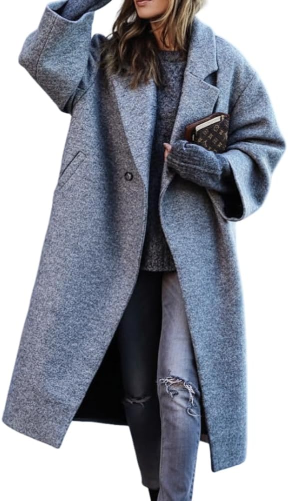 TIAFORD Women's Winter Lapel Wool Blend Trench Pea Coat Casual Single Breasted Oversized Warm Overcoat Jacket with Pockets