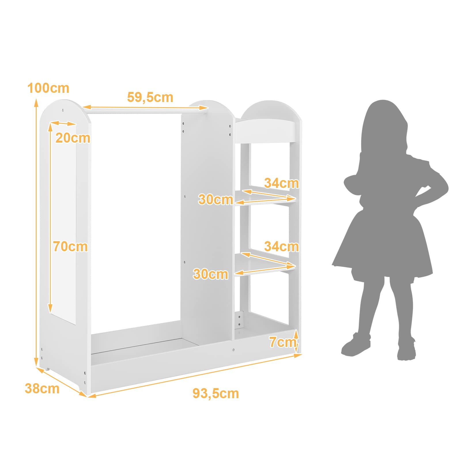 COSTWAY Guardaroba per Bambini in Legno, Mobile per Bambini con Specchio, Appendiabiti e Mensole, Armadio di Stoccaggio per Cameratta dei Bambini, 93,5 x 38 x 100 cm (Bianco)