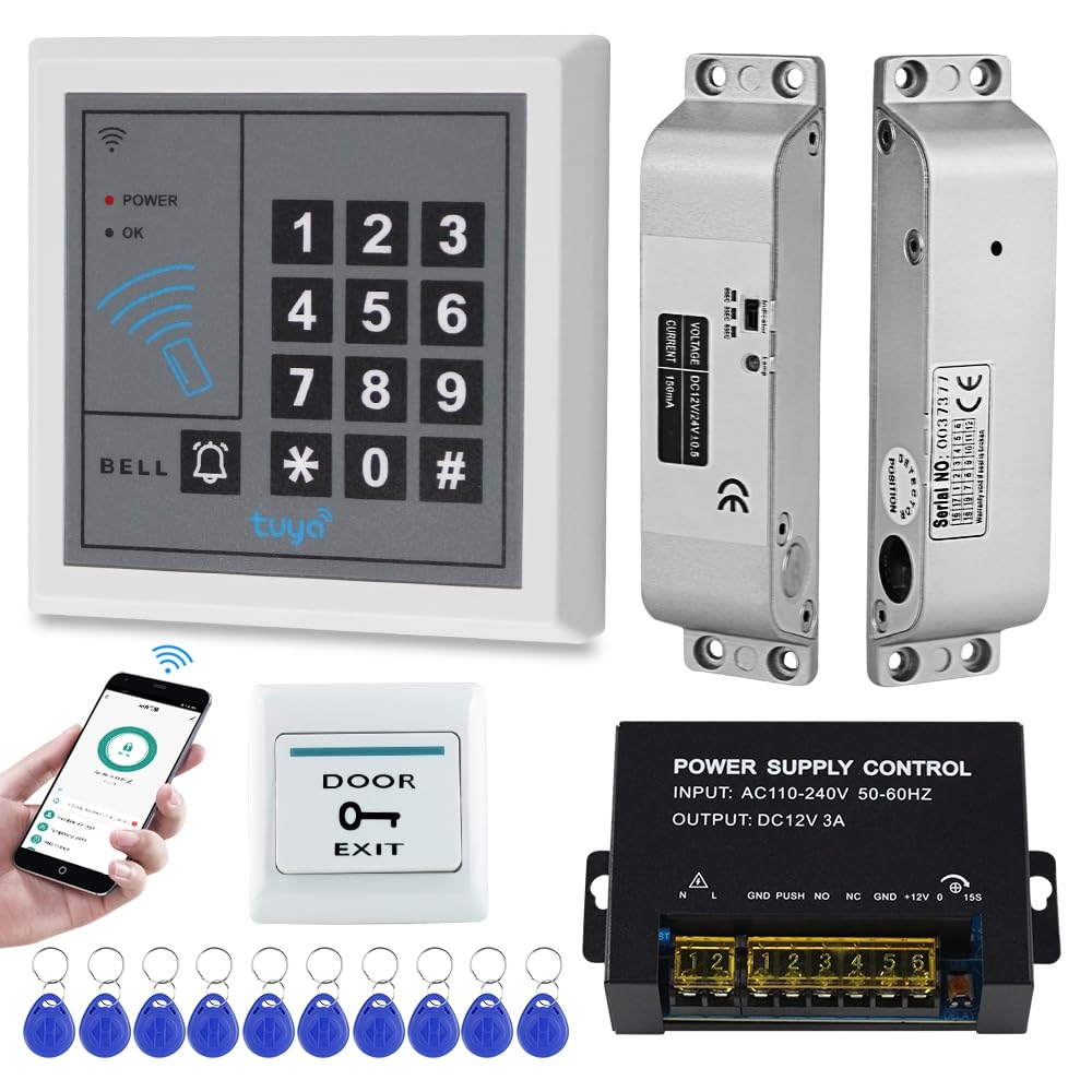 Sistema de control de acceso RFID completo para puerta WiFi Tuya Access Controller Teclado 12VDC Brop Perno eléctrico Bloqueo 12VDC Alimentación y Salida Botón 10pcs 125KHz RFID Teclado