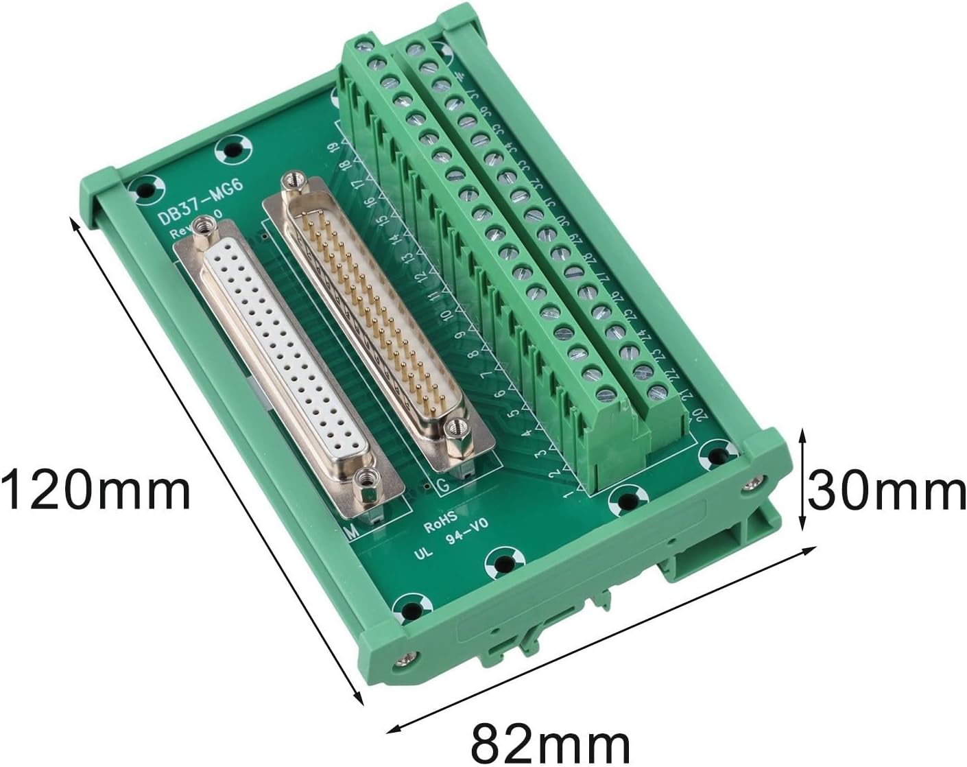 DB37 DIN Rail Interface Module Terminal Block, 1A 100V D-Sub 37-Pin Connector 16-26 AWG Wire, Control Panel Board Unit, Green