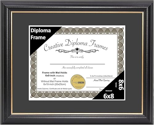 Vista 170 de Creative Picture Frames Marco para diploma Rockefeller de 9 x 12 pulgadas, color negro con borde dorado, muestra un certificado de 9 x 12 pulgadas