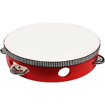 8 Inch Wooden Round Tambourine, Red Single Row