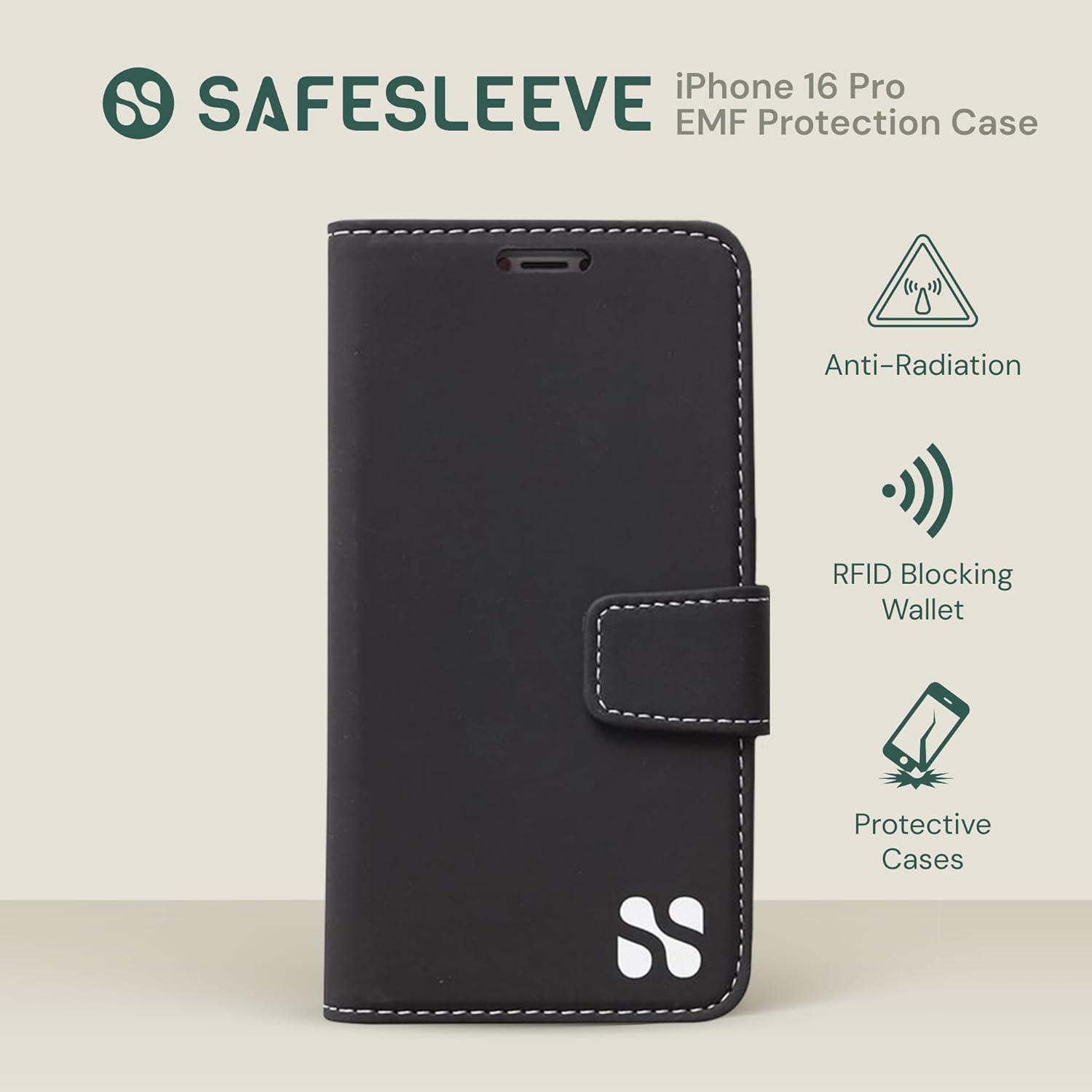SafeSleeve EMF Protection Anti Radiation iPhone 16 Pro Case with Card Holder - RFID Blocker, Military-Grade Shielding, 3-Card Slots with Built-in Stand - Vegan Leather Case for Men & Women (Black) - Image 4