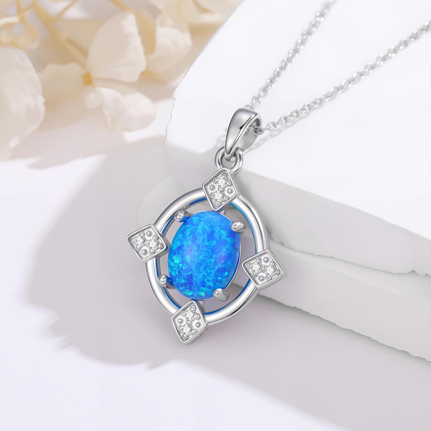S925 Sterling Silver Oval Blue Opal with Genuine Diamond Pendant Necklace Dainty Opal Jewelry Gift Birthday Anniversary for Women - Image 3