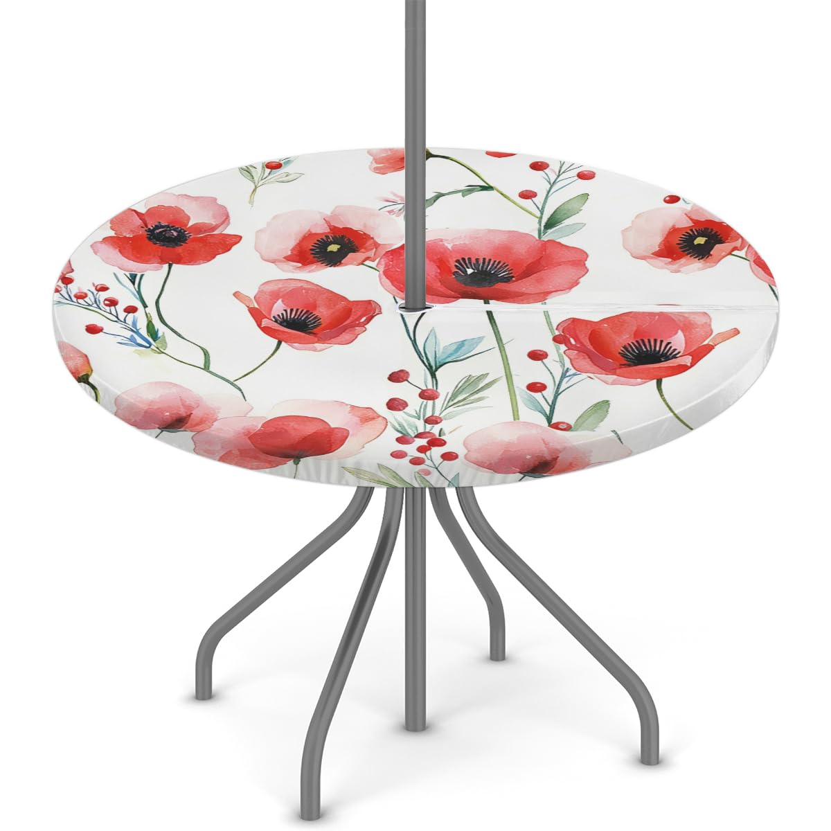 Round Garden Table Cloth With Parasol Hole, Poppy Florals Outdoor Circular Fitted Tablecloth With Umbrella Hole Waterproof Elastic Edged Table Cover for Party Picnic, Fit for 36"-44" Round Tables