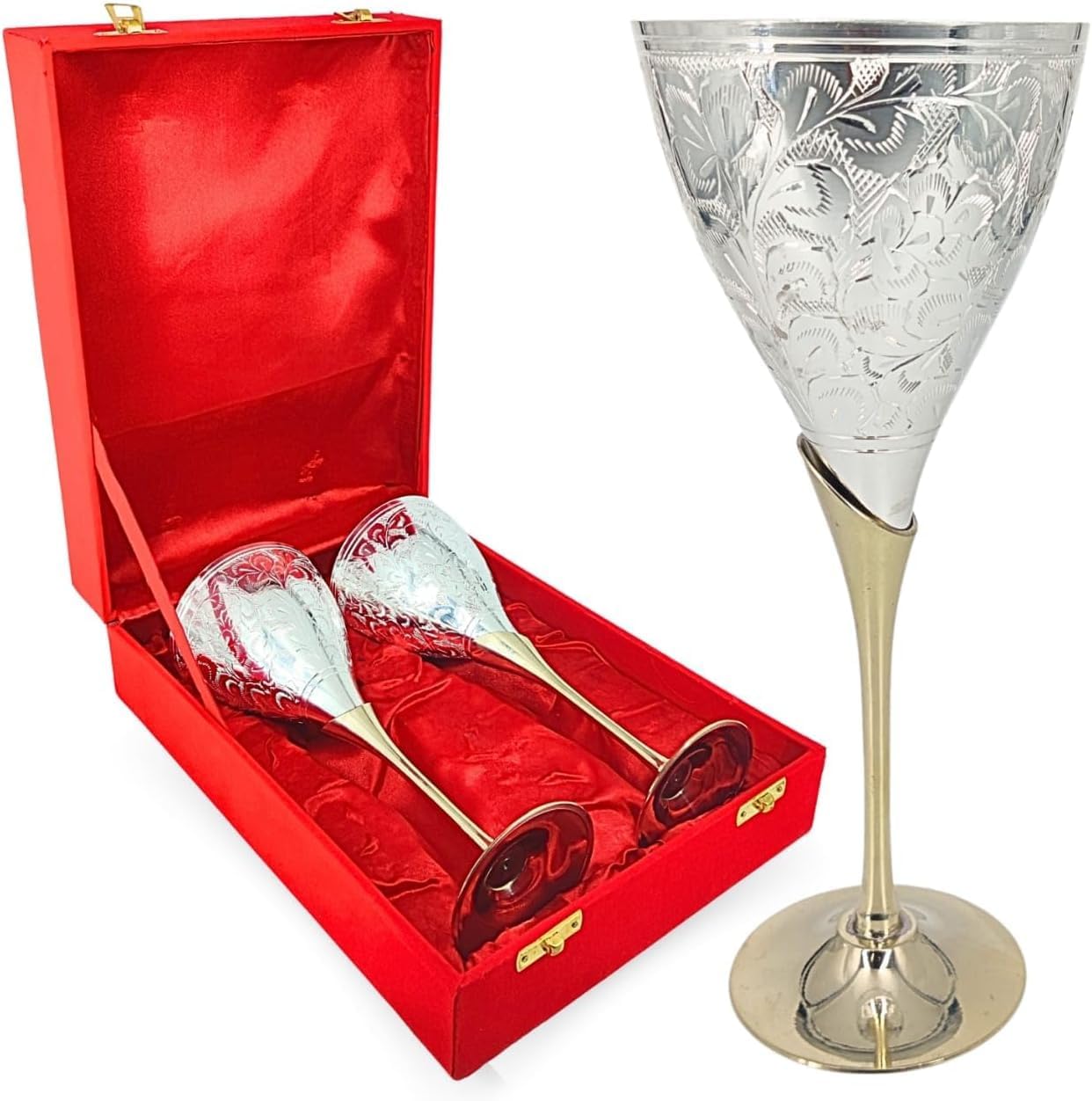 Brass Champagne Silver Plated Toasting Flutes With Premium Velvet Box - Set of 2 Brass Chalice Wine Goblets - Engraved brass Goblet Champagne Glass & Liqueur Glasses, Communion Cup, Housewarming Gift