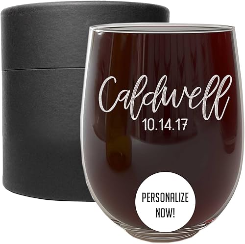 Copa de vino sin tallo con monograma grabada personalizada de 17 onzas, regalos de vino para mujeres, regalos de boda grabados personalizables,