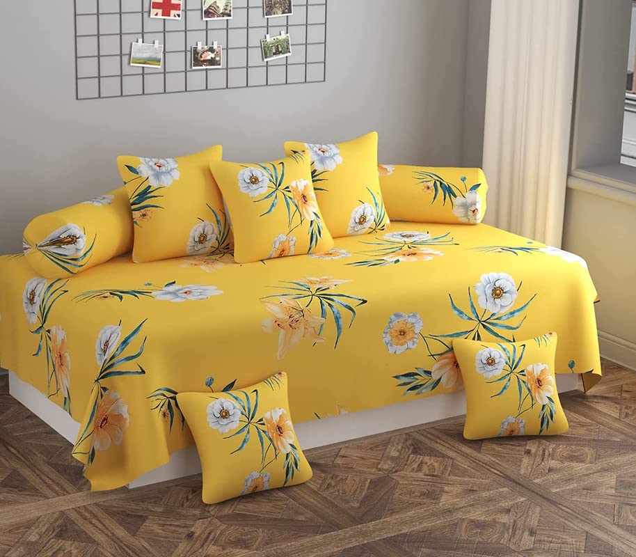 diwan Set for Living Room, diwan Set Covers Glace Cotton, diwan Set 8 Pieces (1 Single Bedsheet, 5 Cushion Covers, 2 Bolster Covers) (Color-Yellow & Green), Standard-image-49