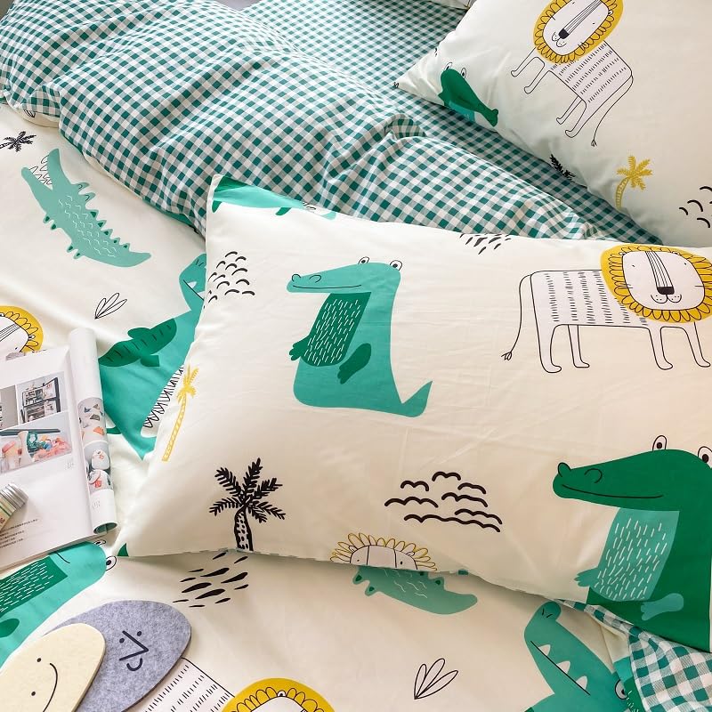 Biancheria da letto in 100% cotone - Taglia singola per bambini, ragazzi e ragazze - Motivi: Animali dei cartoni animati. Copripiumino con stampa di coccodrillo e leone, verde, per tutta la stagione