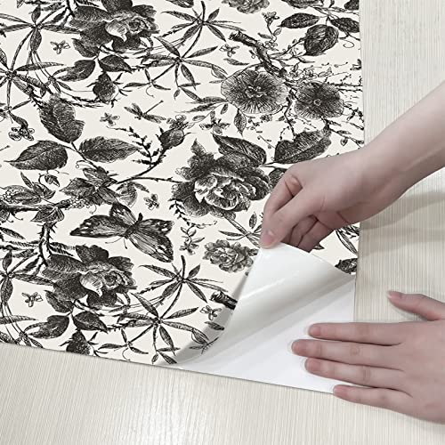 Jiffdiff Floral Wallpaper Peel And Stick, Vintage Wallpaper Wall Stick Black Rose Removable Vinyl Wallpaper Sketch Floral Wall Mural Wall Decor 15.75Inx 9.85Ft #TOP5
