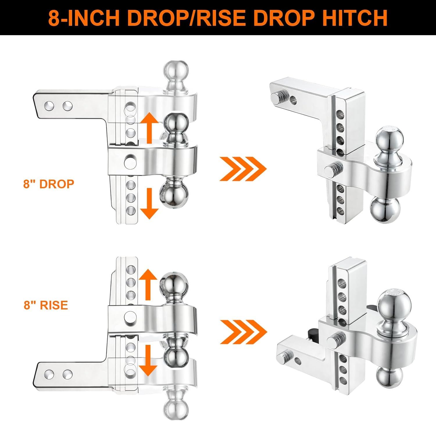 Adjustable Trailer Hitch Ball Mount Aluminum Shank, 8-Inch Drop/Rise, Tow Hitch Fits 2-Inch Receiver