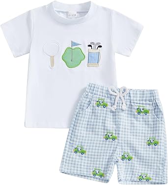 Toddler Baby Boy Golf Outfit Golf Cart Short Sleeve T-shirt Plaid Elastic Waist Shorts Summer Clothes
