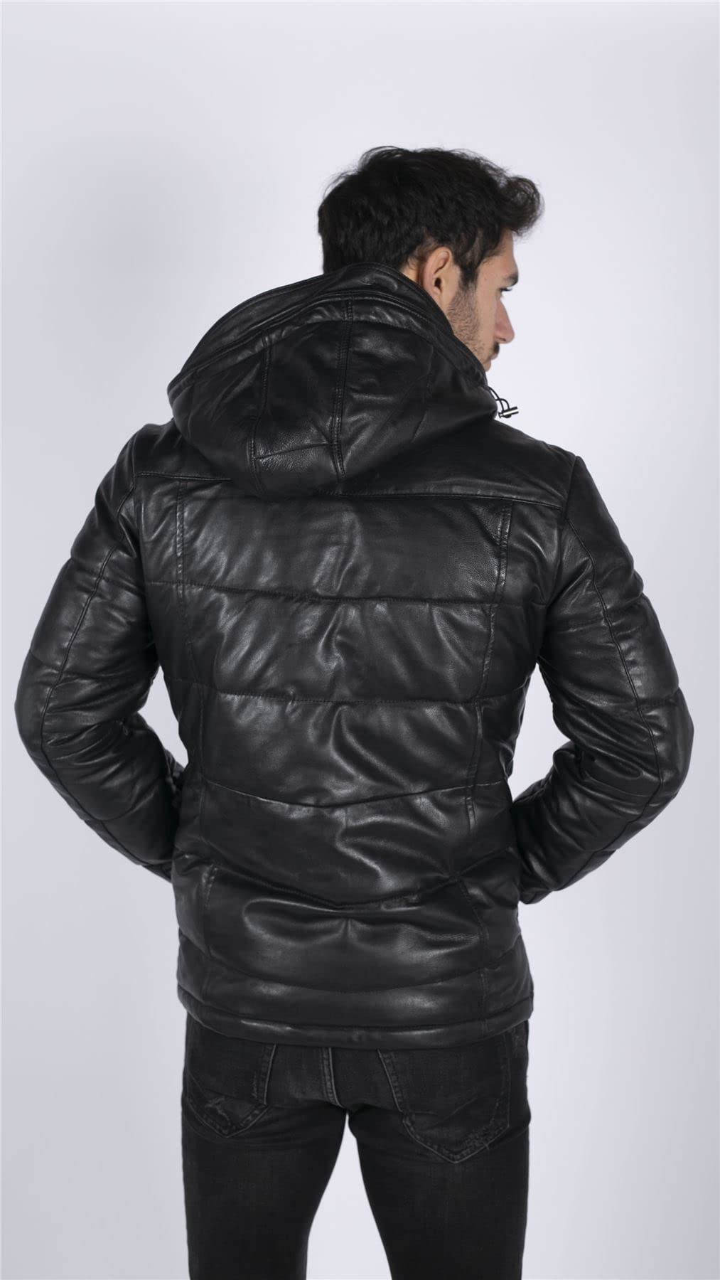 TruClothing.com Herren Puffer Steppjacke Echtleder Schwarz Casual Retro 80er Classic
