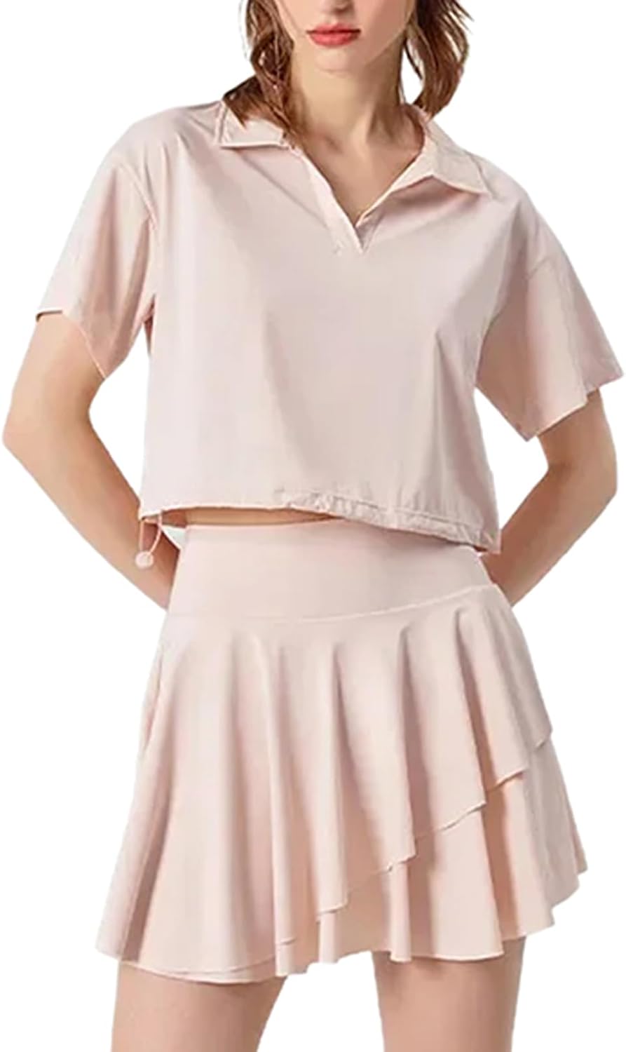 Tennis Skirt for Women Short Sleeve Shirt Set Cool Feel Polo Collar Golf Yoga Skirt