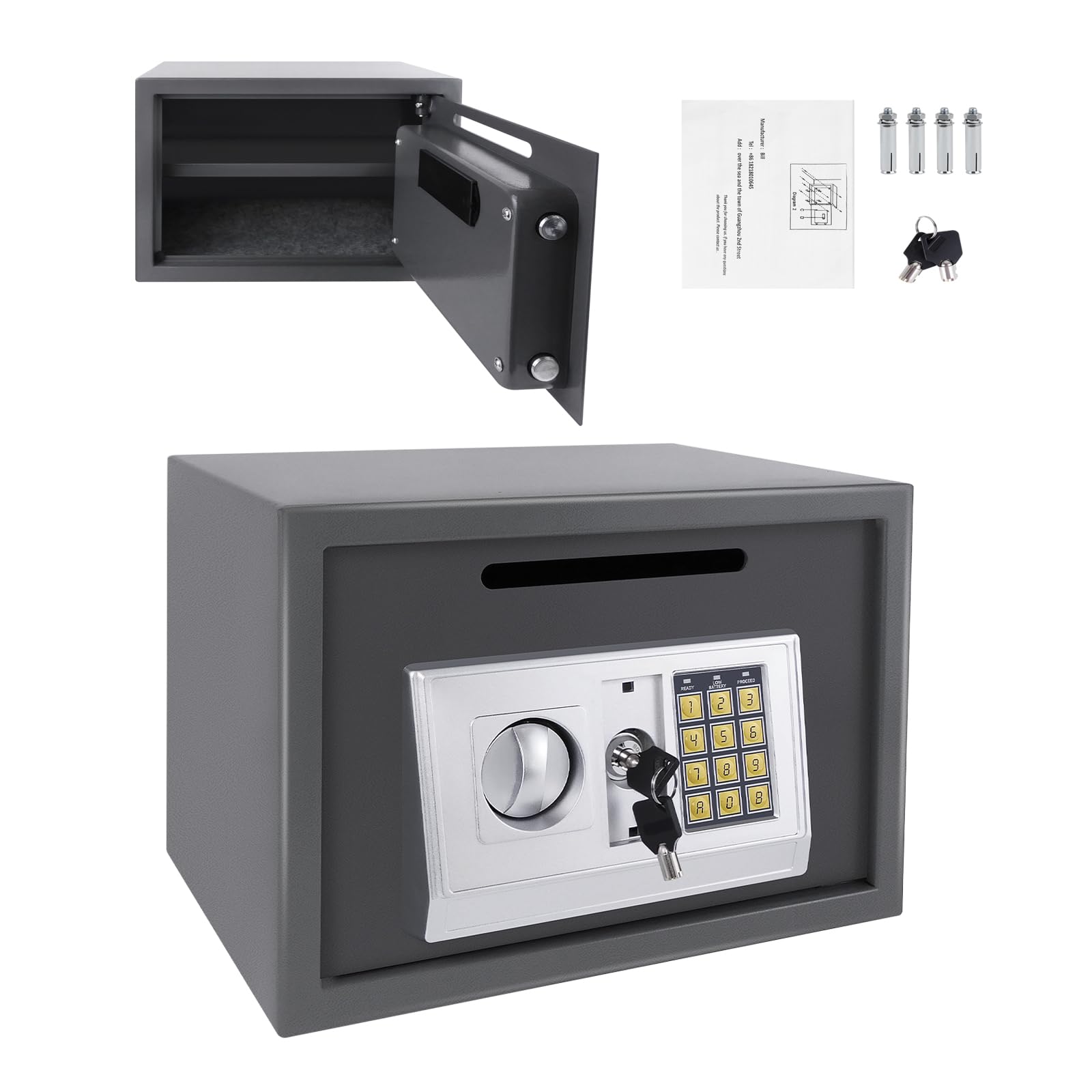 Safe 16L, Steel Home Safe with a Coin Slot, Digital Safe Money Box with 2 Keys and Digital Keypad, Adjustable Shelf Cash Safe for Hotel Office Documents Jewelry Valuables, Grey