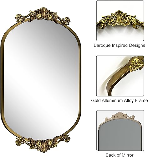 Miniatura 3 de Espejo antiguo de oro arqueado de 28 x 36 pulgadas, espejo vintage de arco para pared, espejo barroco con marco de metal para tocador de baño