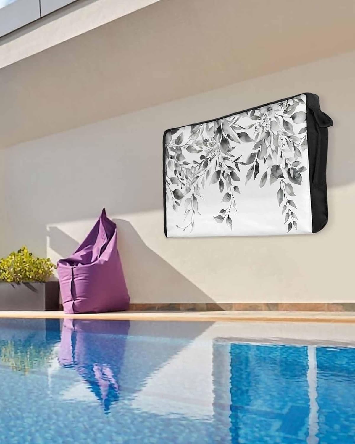 Outdoor TV Cover Grey Watercolor Flower Eucalyptus Leaves Linen Pattern Waterproof and Weatherproof 70"-75" LCD Movable Shield TV Display Screen Protector Outside Television Covers