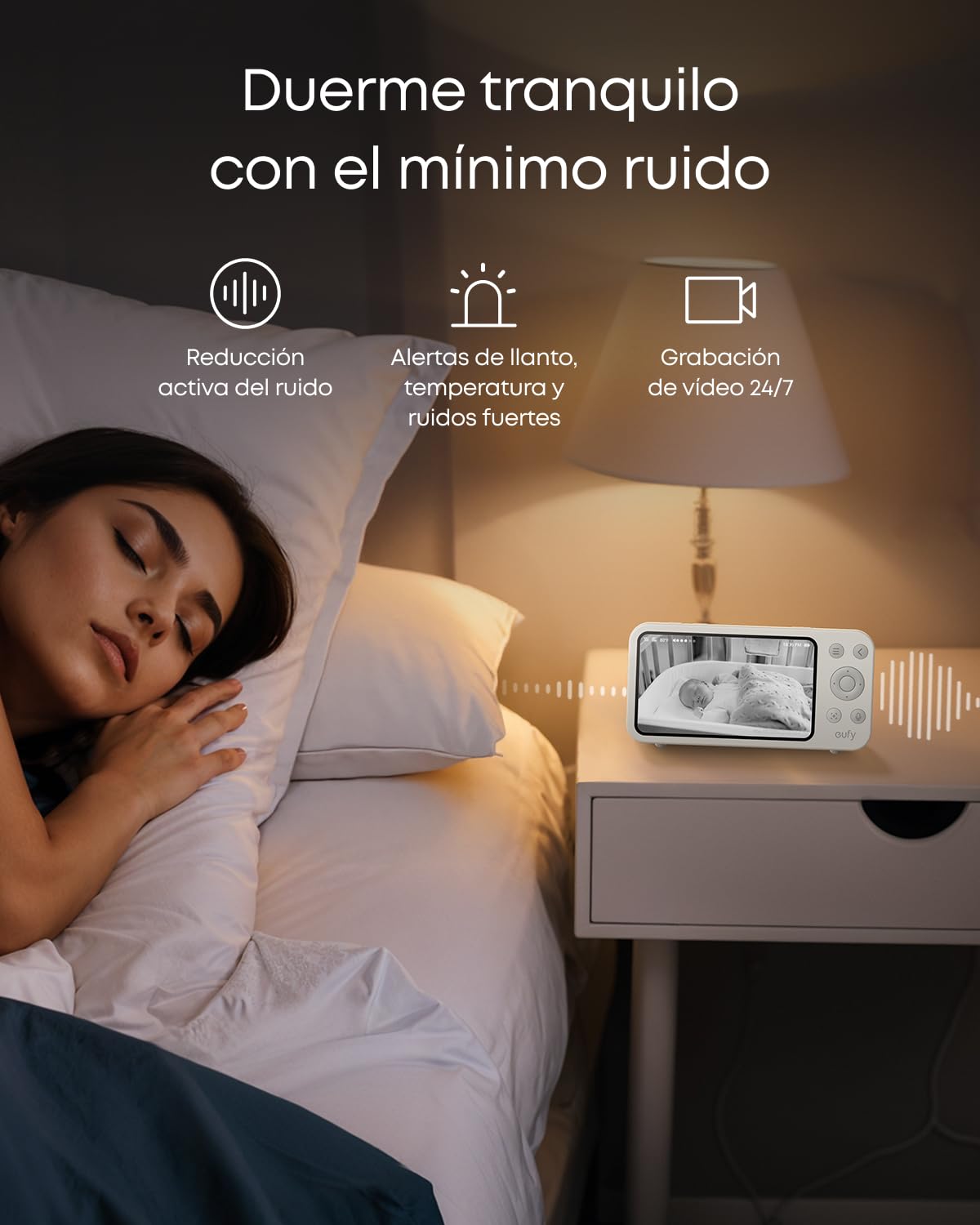 Monitor para bebés eufy E20, resolución 2K, Pantalla de 5'' 720p, conexión híbrida, Control con y sin Wi-Fi, Zoom 4×, visión Nocturna, batería integrada, ANR, alertas Inteligentes, grabación 24/7.