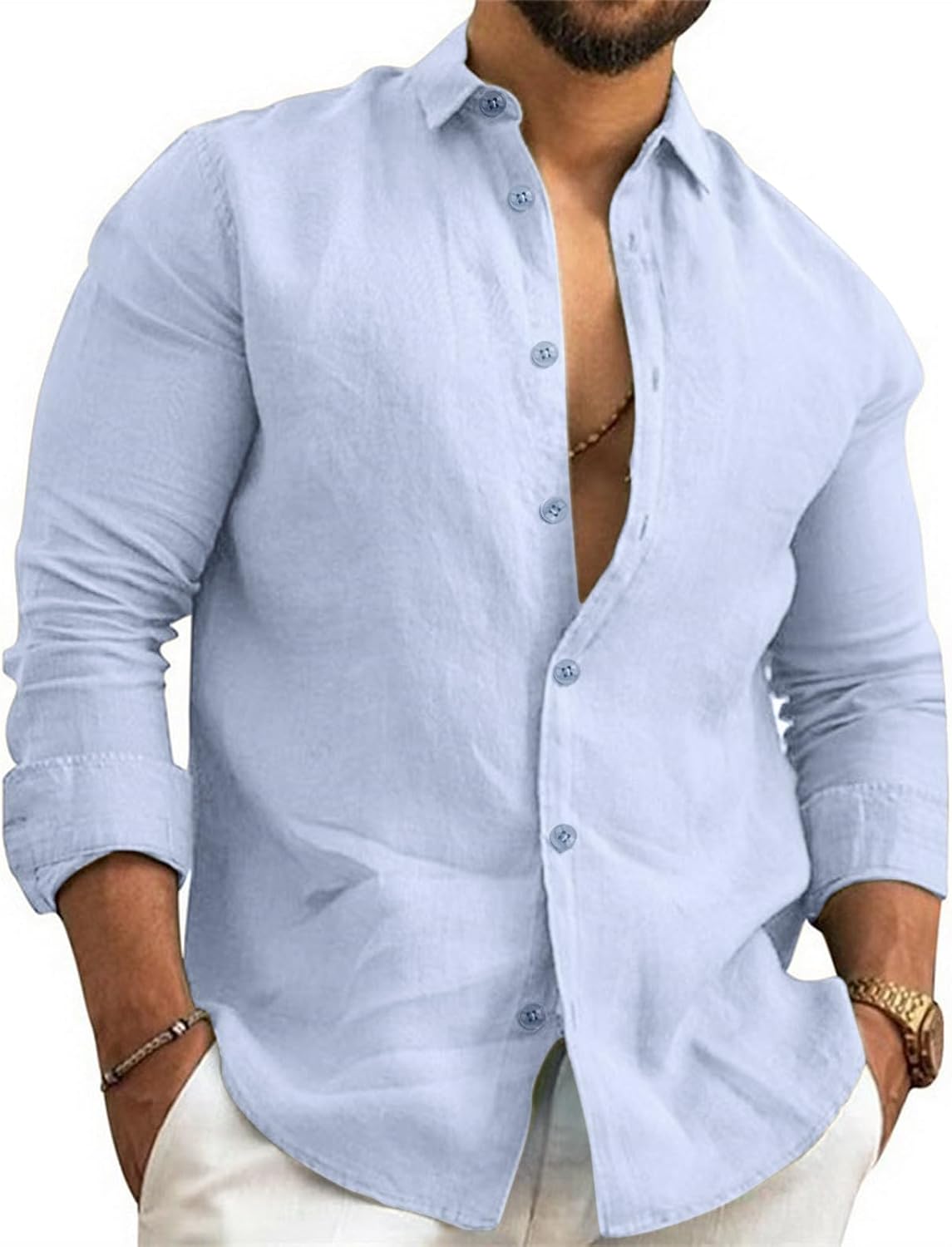 Men's Cotton Linen Shirts Long Sleeve Button Down Casual Shirts Solid Spread Collar Summer Shirt Beach Holiday