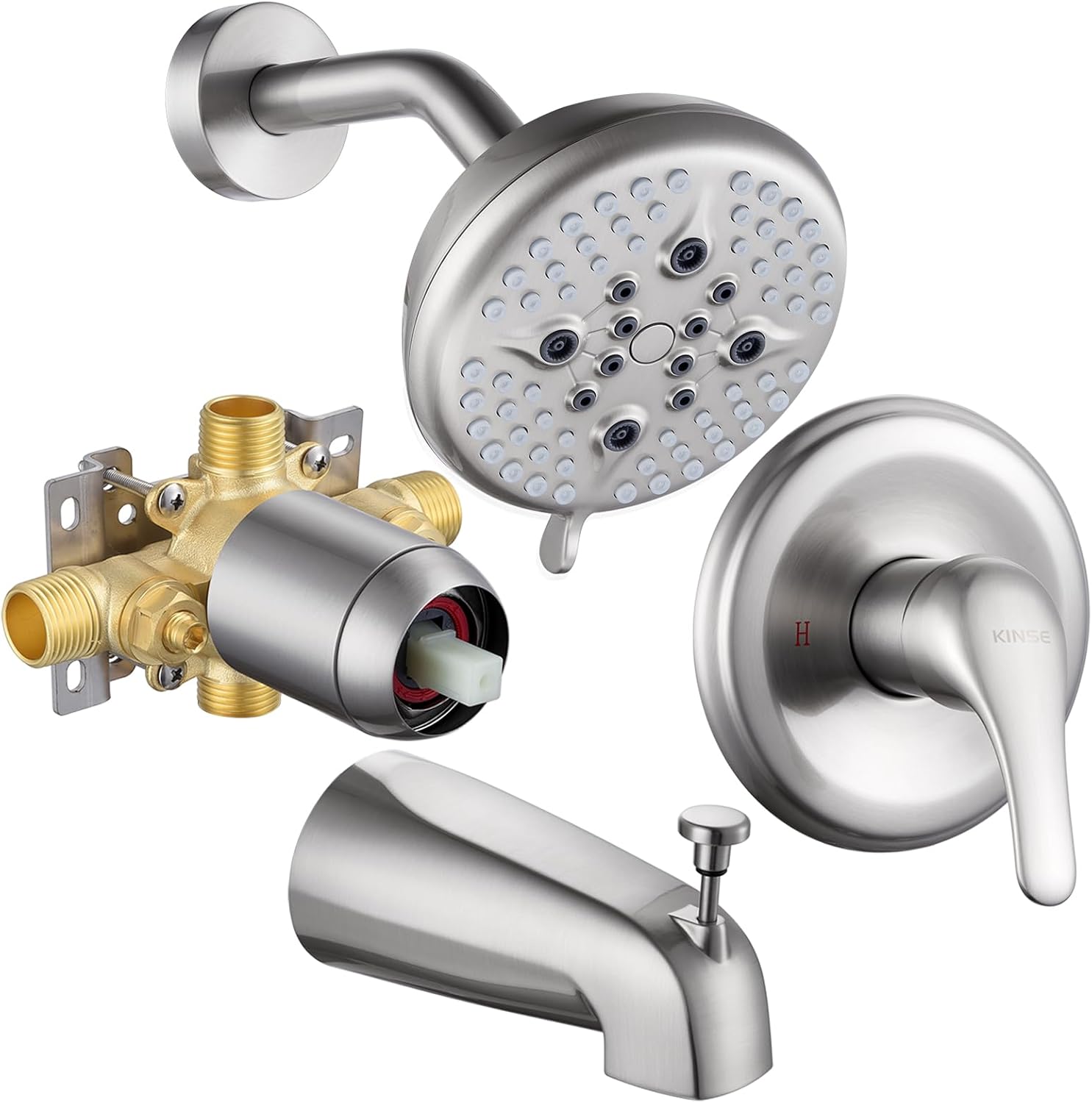 KINSE Shower Faucet Set, 5 Spray Rain Shower Fixtures, 5inchShower Head and HandleSet, Brushed Nickel shower kit with valve and shower head