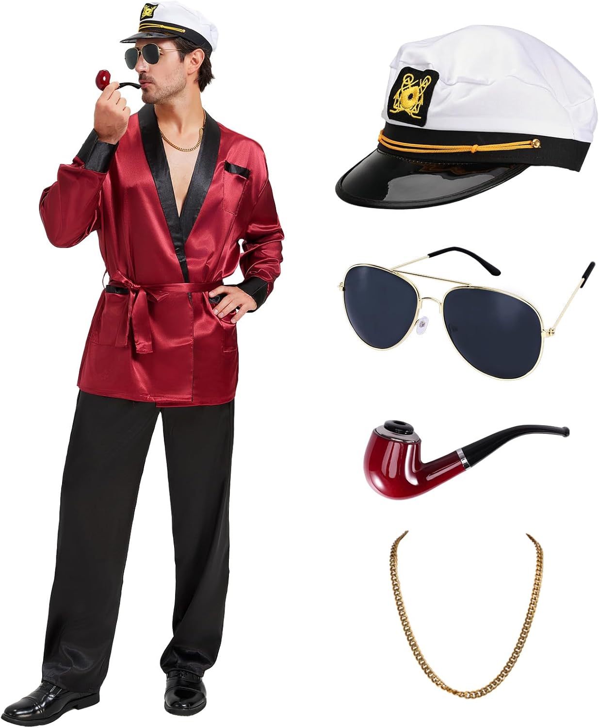 Halloween Red Silky Robe Jacket Costume Set Men's Captain Outfit with Hat Sunglasses Chain Funny Adult Party Cosplay - Image 5