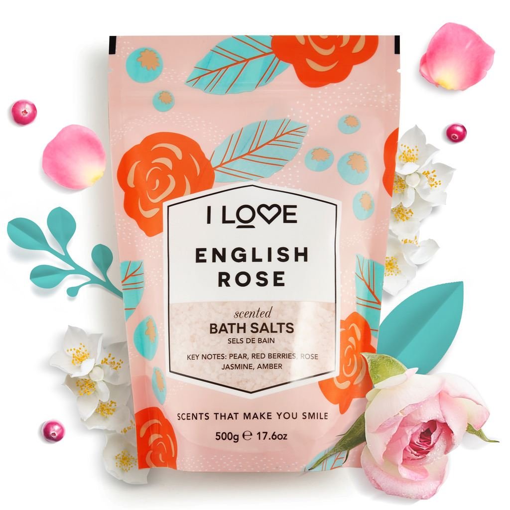 I Love English Rose Scented Bath Salts - Relaxing, Hydrating Bath Soak - Rose Bath Salts with Natural Fruit Extracts - Skin-Softening - 17.6 oz
