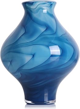 Hand Blown Blue Glass Vase, 9.5" Unique Blue Decor Glass Vases, Modern Hand Blown Glass Vase Decor for Home Living Room, Office, Table centerpieces, Shel, Kitchen, Bathroom Decorative