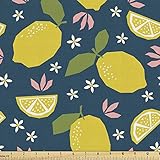 Ambesonne Fruit Fabric by The Yard, Repetitive Lemons and Flowers Cartoon Print, Decorative Fabric for Upholstery and Home Accents, 1 Yard, Blue Petrol