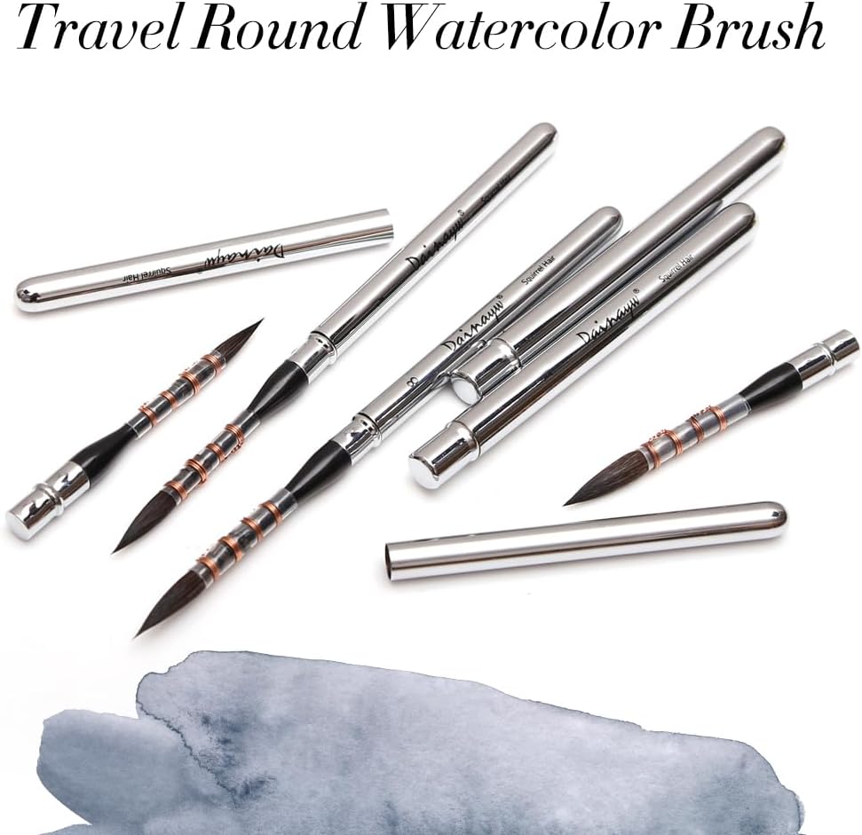 Dainayw Travel Watercolor Paint Brushes Squirrel Hair for Detail and Line Brush, Watercolor Inking Gouache Acrylic Painting Short Handle 3 Pcs