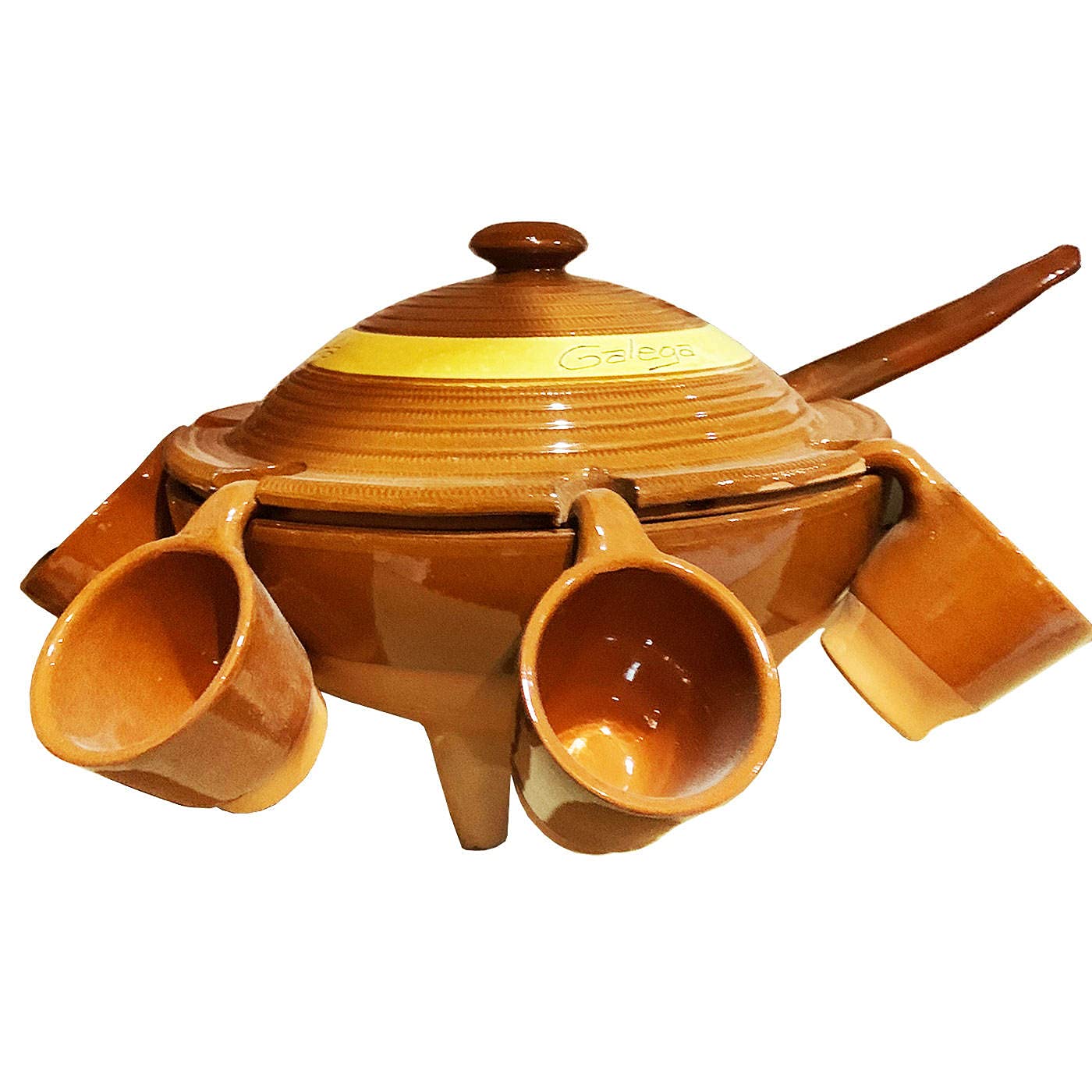 Tradineur - Juego de queimada de Barro con Tapa 6 Tazas y cucharón, artesanía gallega Tradicional, Fabricado a Mano, marrón, Ideal para Celebraciones, Fiestas