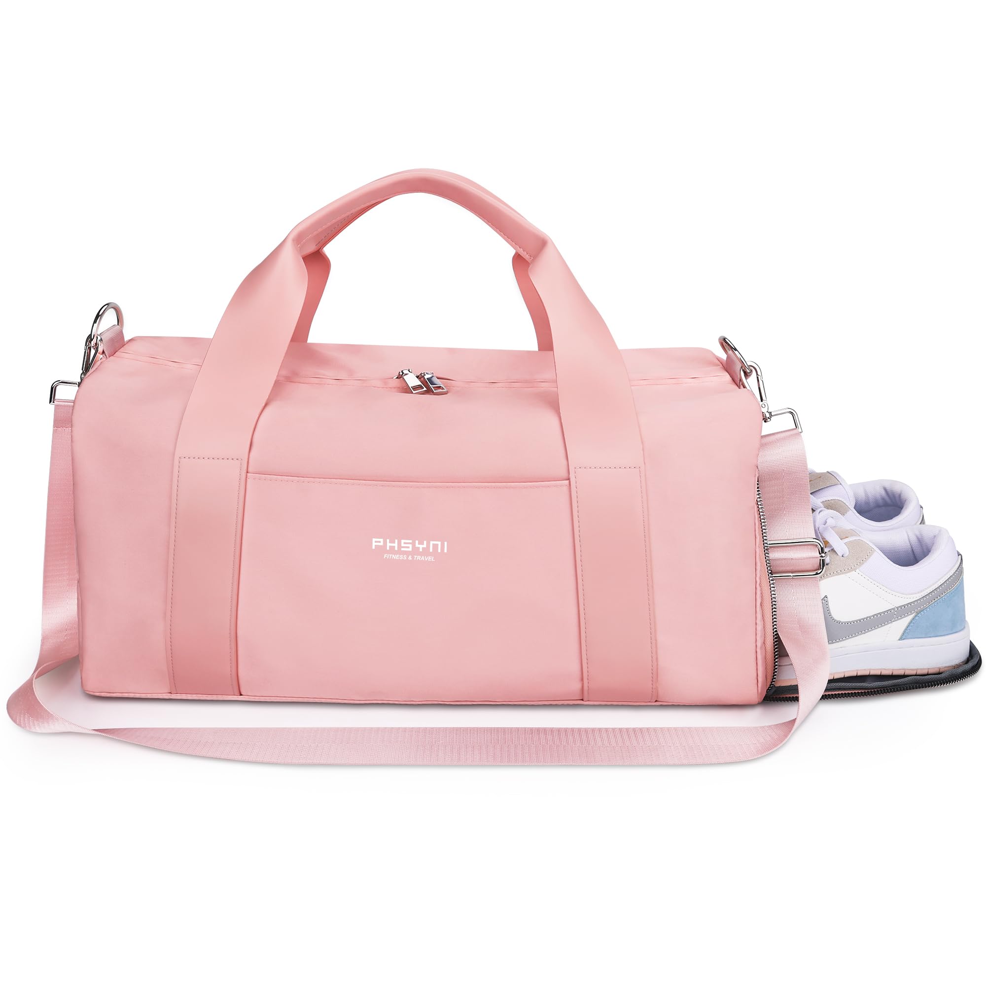 Gym Bag for Women,Pu Leather Handle,Dry Wet Separated with Shoe Compartment & Wet Pocket,Waterproof Duffle Bag for Travel Sports Fitness Workout Athletic (Pink,19"-Medium)