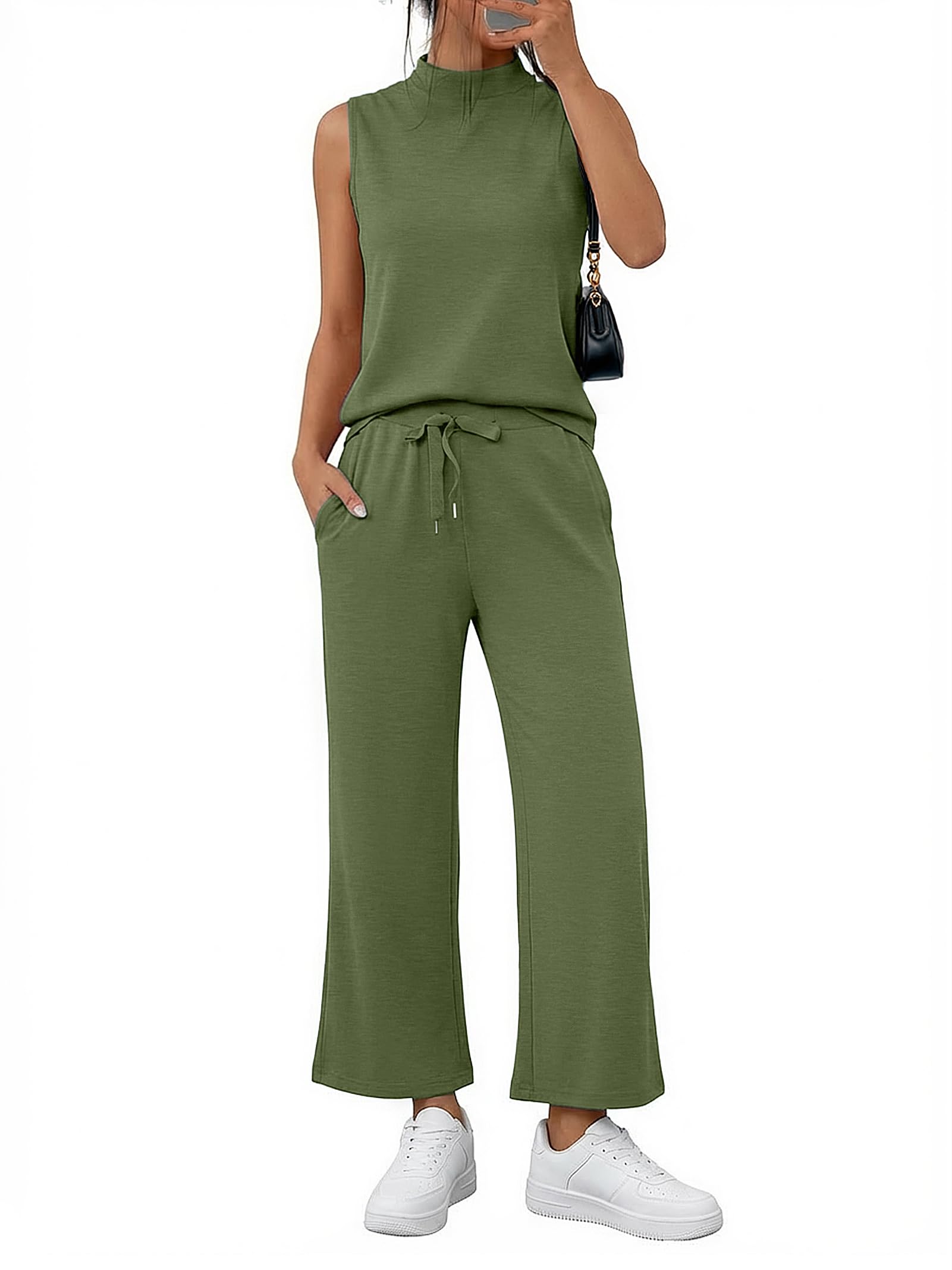 Photo 1 of Casly Lamiit 2 Piece Lounge Set Women 2026 Summer Casual Travel Outfits Sleeveless Wide Leg Pants Sets Airport Beach Vacation Clothes Army Green L