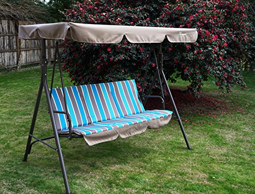 Alicia Patio Swing Chair With 3 Comfortable Cushion Seats And Strong Weather Resistant Powder Coated Steel Frame (Blue Stripe) #TOP1