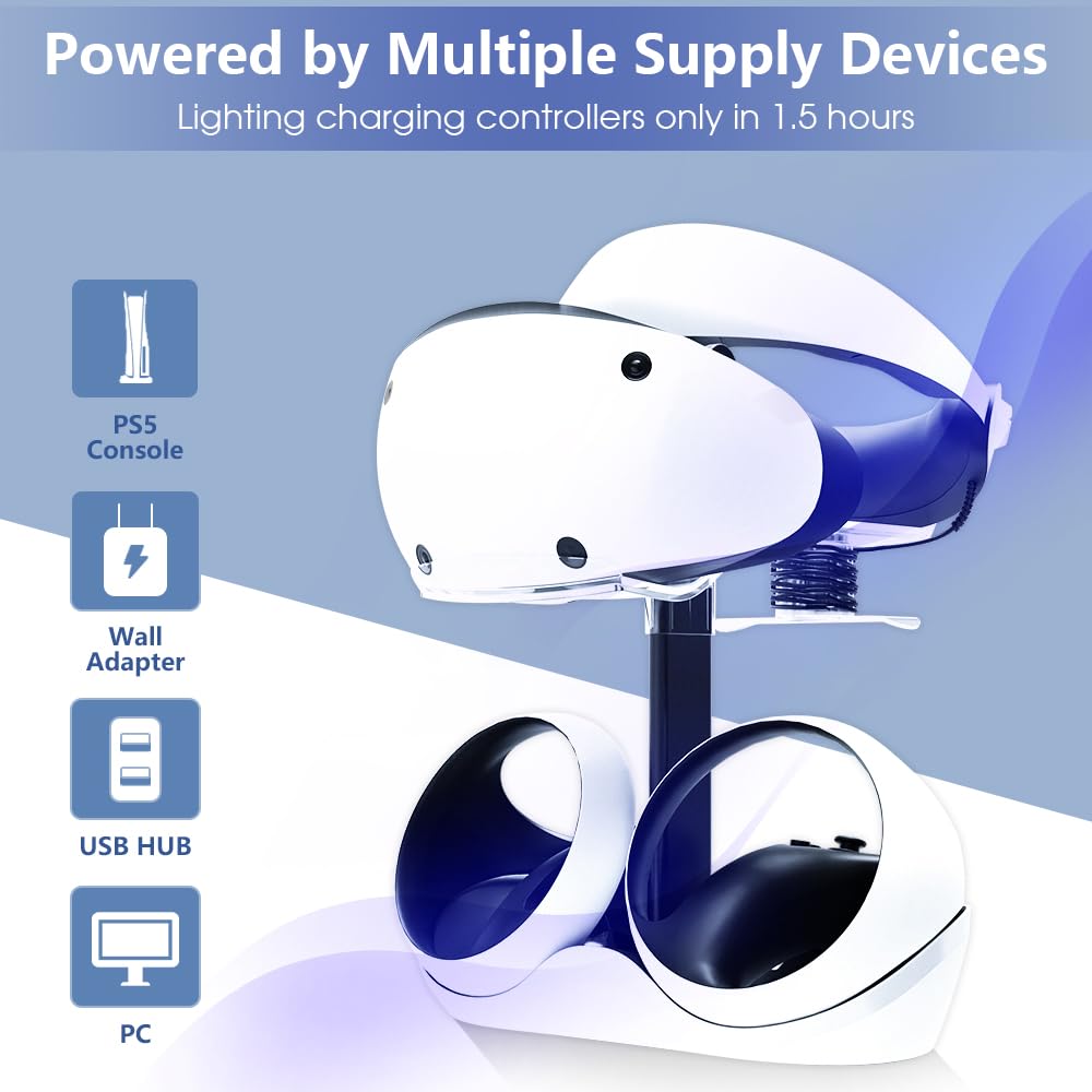 HONCAM Station de charge pour PSVR 2, support multifonction PSVR2 avec 7 lumières RVB, support d'affichage pour casque, station de charge pour deux contrôleurs, connecteur magnétique, câble de type C