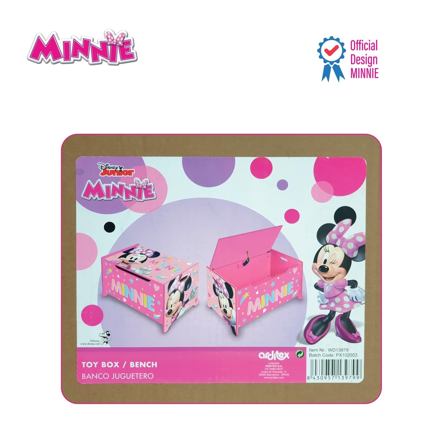 ARDITEX - Cassapanca in legno di Minnie Mouse (di Disney) - 62,5x40x37cm - Colore rosa e bianco - Ideale per riporre giocattoli, vestiti o oggetti in una cameretta per bambini