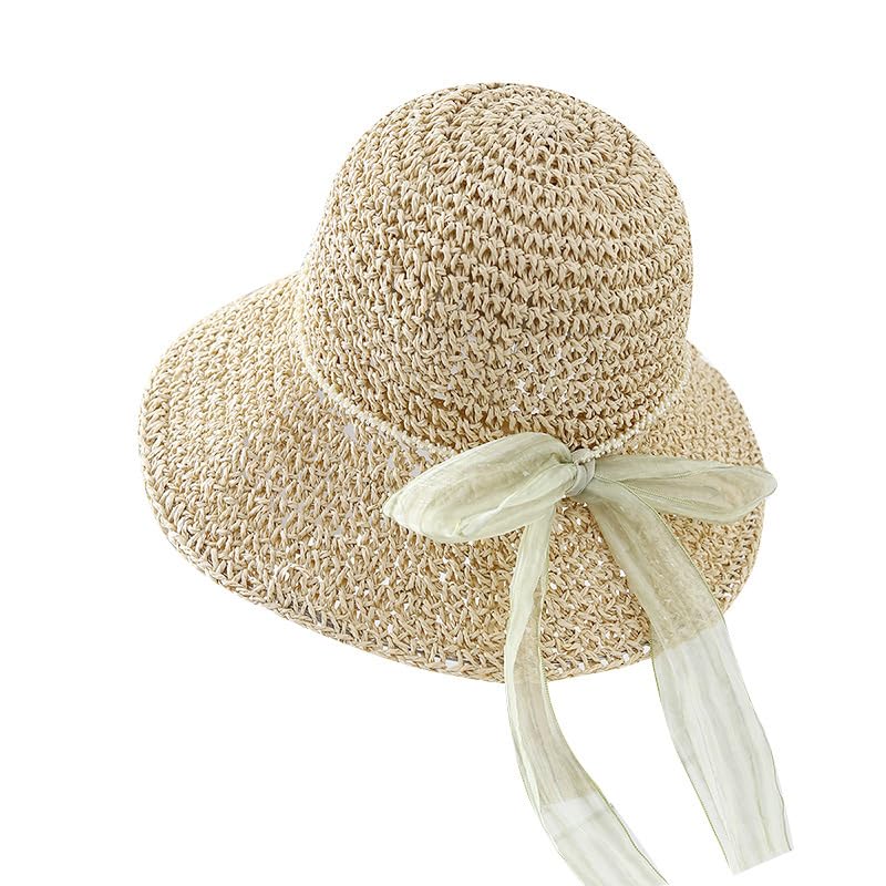 Sombrero de Paja Flexible de Verano para Mujer,de ala Ancha,Plegable,con Lazo de Tul,para Playa,Actividades Al Aire Libre