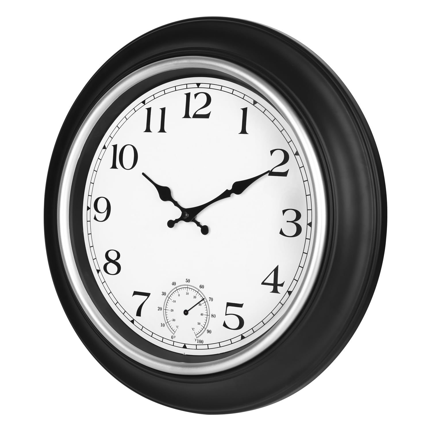 JoFomp Grande horloge d'extérieur étanche avec thermomètre – 45,7 cm silencieuse, sans tic-tac, horloge murale à quartz à piles pour patio, maison, piscine, jardin, porche, terrasse (argent, 45,7 cm)