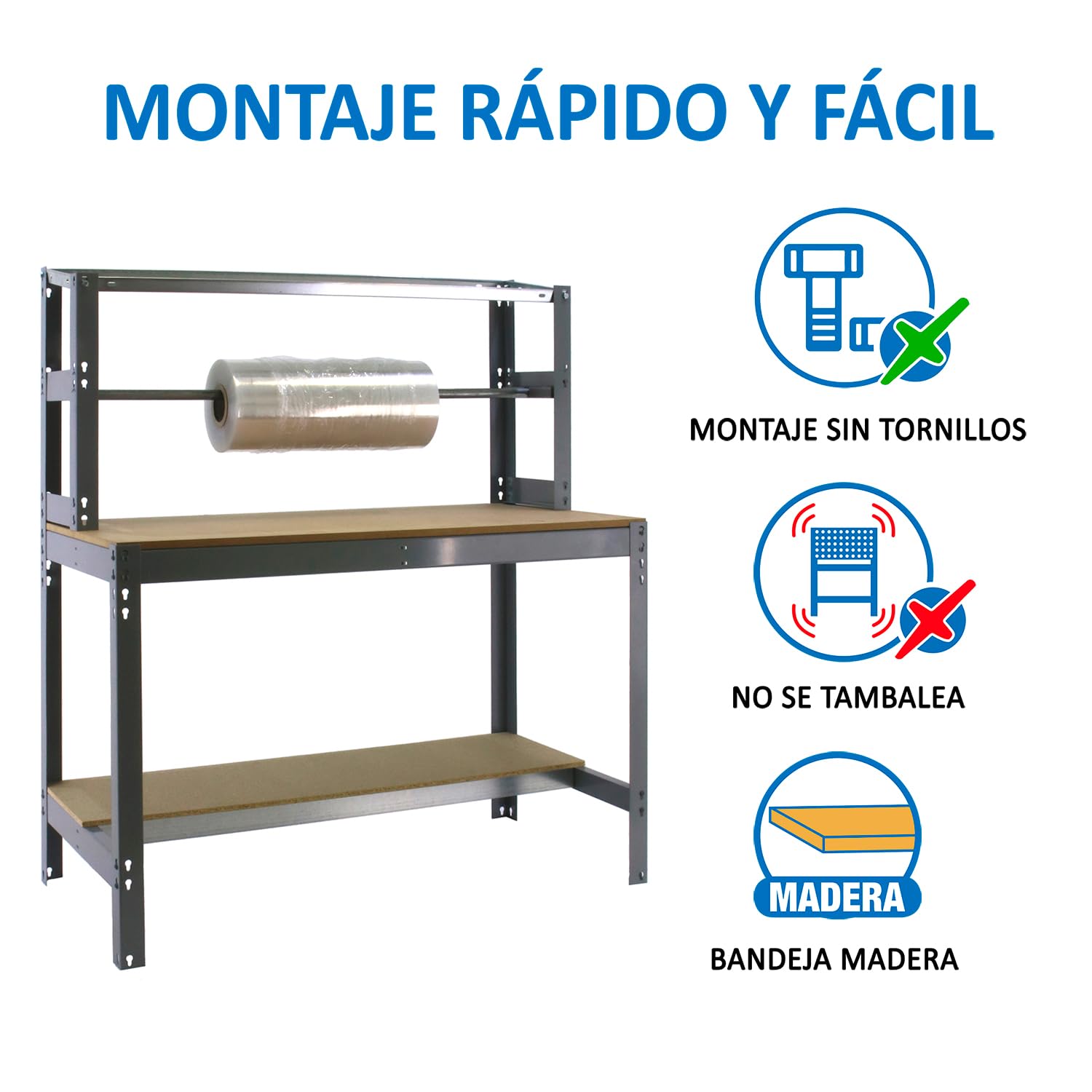 Simon Rack Banco de Trabajo con Porta Rollo y cajón 1510x760 mm - BT4 | Tablero madera 16 mm, Capacidad Carga 600 kg, Gris , Pintura anticorrosión, Montaje sistema clic