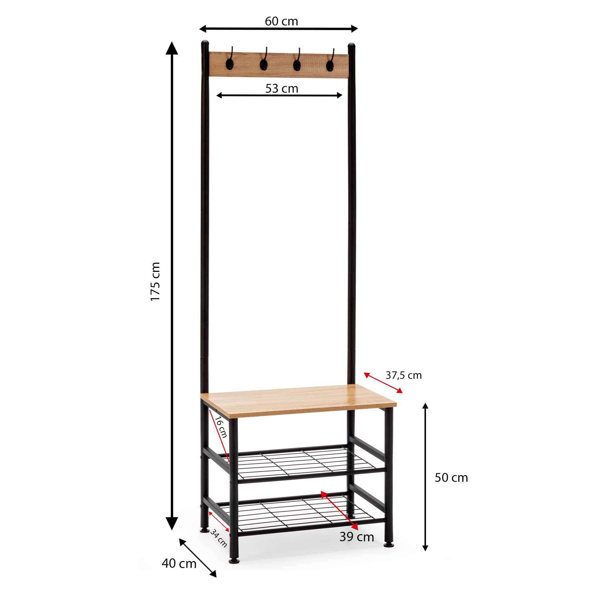 HOMN LIVING Perchero con zapatero Lisa con banco 2 estantes, color Roble/Negro, 60 cm (Ancho) 40 cm (Profundo) 175 cm (Altura)