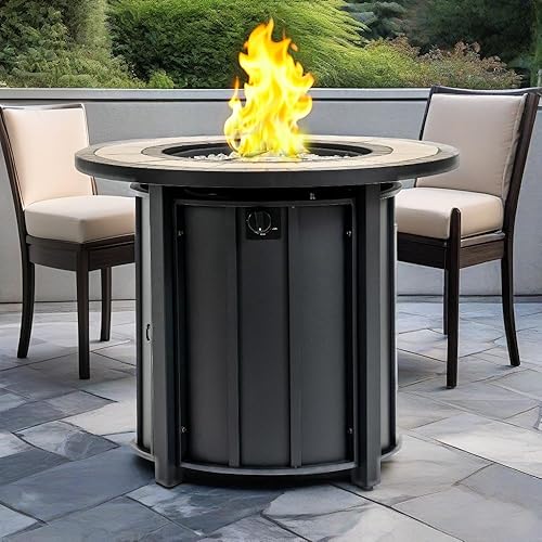 Miniatura 59 de Mesa para fogata de propano de 28 pulgadas, mesa de fuego de 50,000 BTU con tapa de acero, patas grandes, rocas de laval, pozo de fuego seguro