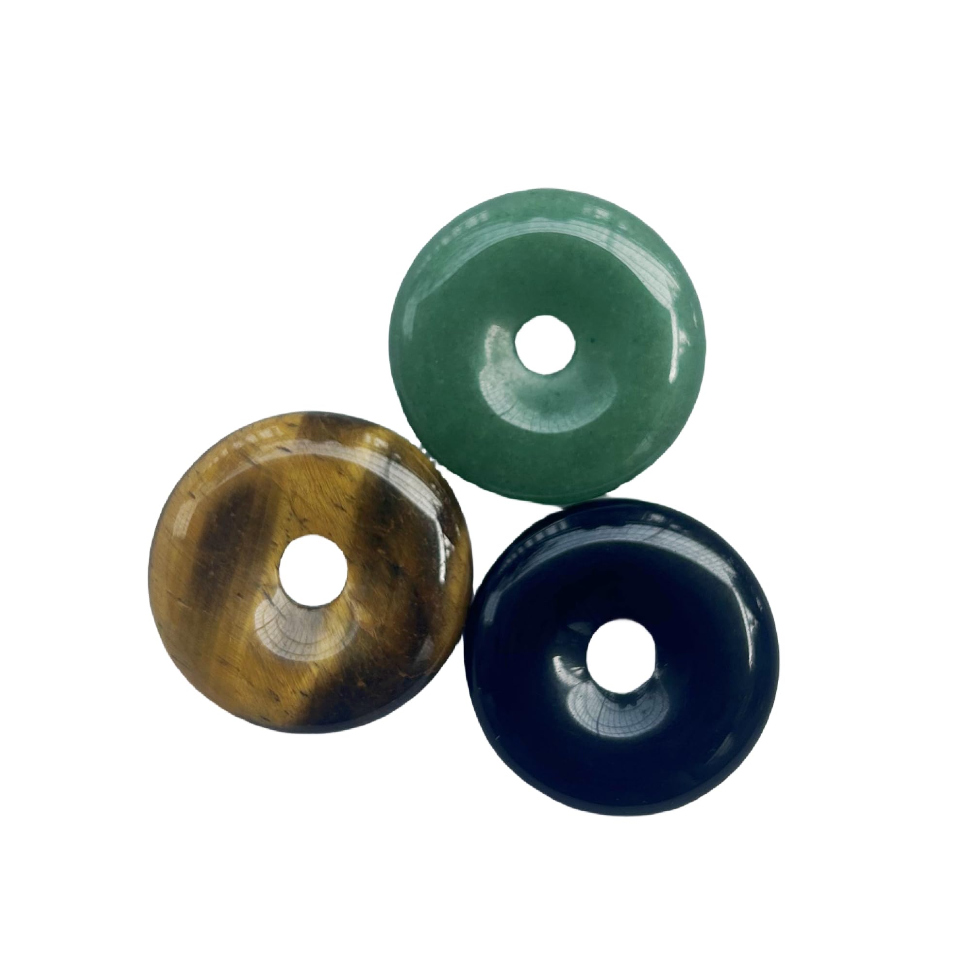 Manekieko 3 Pcs Polished Crystal Amulet Peace Circle Donut Stone Beads Supplies,Round Large Hole 7mm Lucky Coin Amulet Peace Circle Healing Crystal Pendant,Tiger's Eye+Green Aventurine+Black Obsidian