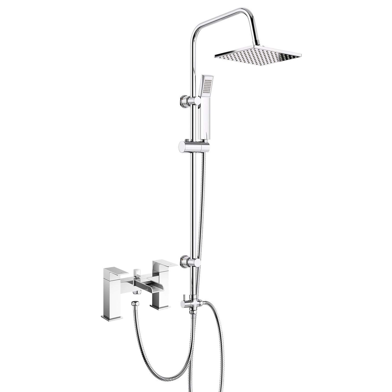 Bath Shower Mixer Tap with 3 Way Square Rigid Riser Kit Modern Waterfall Open Spout Luxury Chrome